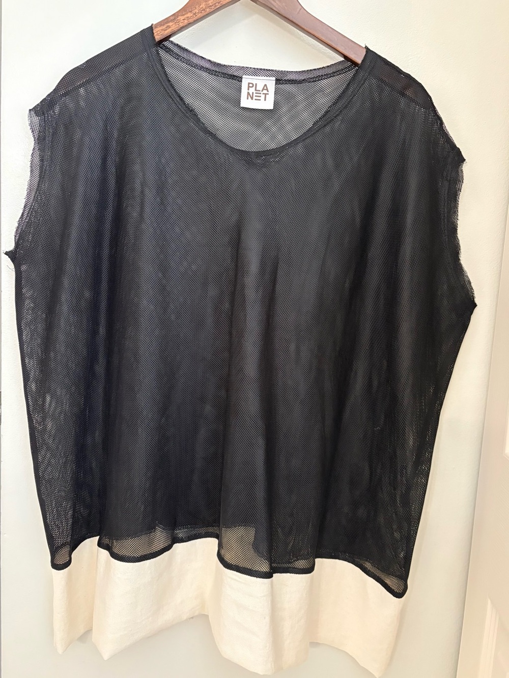 PLANET by Lauren G Black Mesh Overlay Tunic with Cream Hem, Raw Hems